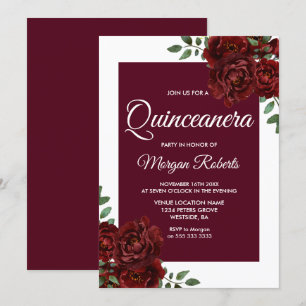 Burgund Rose White Border Quinceanera Einladung
