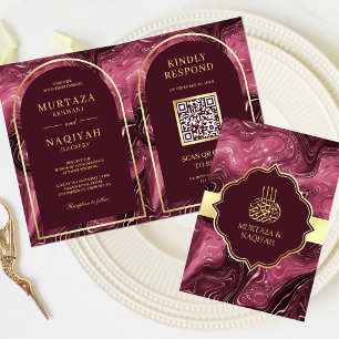 Burgund-Rot-Achat-Marmor-QR-Code-Muslimische-Hochz Einladung