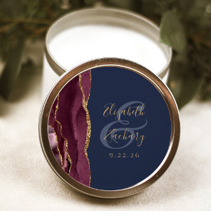 Burgund-Rot-Achat-Navyblau-Gold-Schrift-Hochzeit Runder Aufkleber