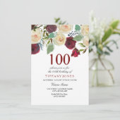 Burgund Rot Champagner Rosen 100. Geburtstag Einladung (Stehend Vorderseite)