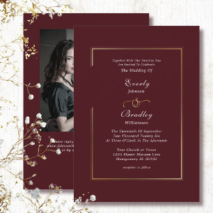 Burgund Rot Dunkle Pflaume Weiß Goldrand Hochzeit Einladung