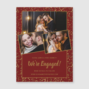 Burgund Rot Gold 3Foto Magnetische Verlobungskarte Magneteinladung