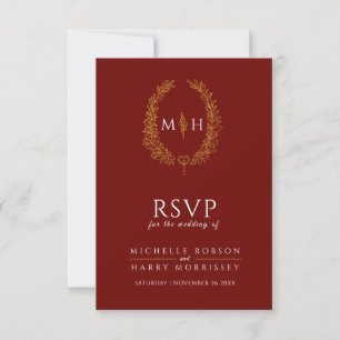 Burgund-Rot-Gold-Blatt-Monogramm-UAWG-Hochzeit RSVP Karte