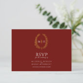 Burgund Rot-Gold-Monogramm-Menü Option Hochzeit RSVP Karte (Stehend Vorderseite)