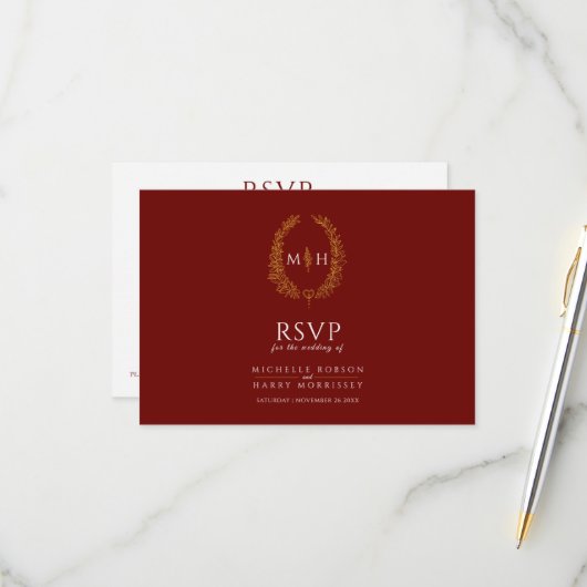 Burgund Rot-Gold-Monogramm-Menü Option Hochzeit RSVP Karte (Vorderseite/Rückseite Beispiel)