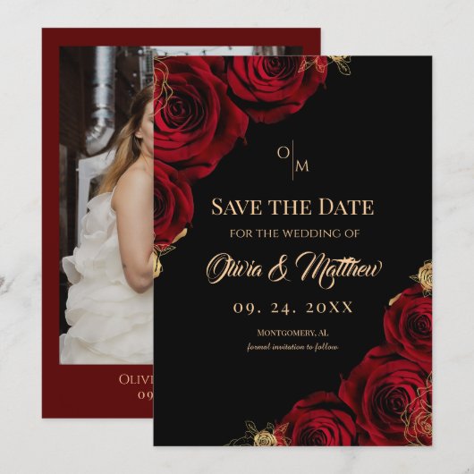 Burgund-rot-rote Rose Florale Hochzeit Save The Date (Vorne/Hinten)