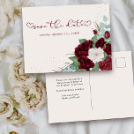 Burgund Rot und Elfenbeinflora Rose Save the Date Ankündigungspostkarte<br><div class="desc">Floral Save the Date Postkarte für jeden Anlass anpassen. Das Design hat Rose in bordeauxrot und Elfenbein mit Goldfetti, Blattwerk und Eukalyptus-Blätter. Save the Date ist mit Liebe Herz Schnörkel handgeschrieben. Die Vorlage ist für Sie Set, um Ihr spezielles Datum und eine benutzerdefinierte Nachricht auf der Rückseite hinzuzufügen. Bitte stöbern...</div>