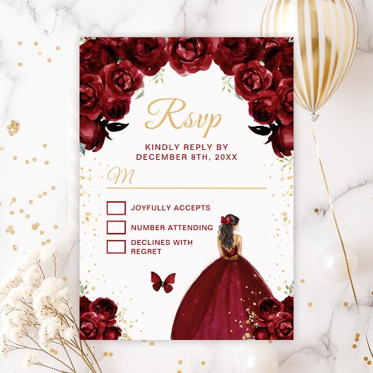 Burgund Rot und Gold Brünette Haarprinzessin RSVP Karte