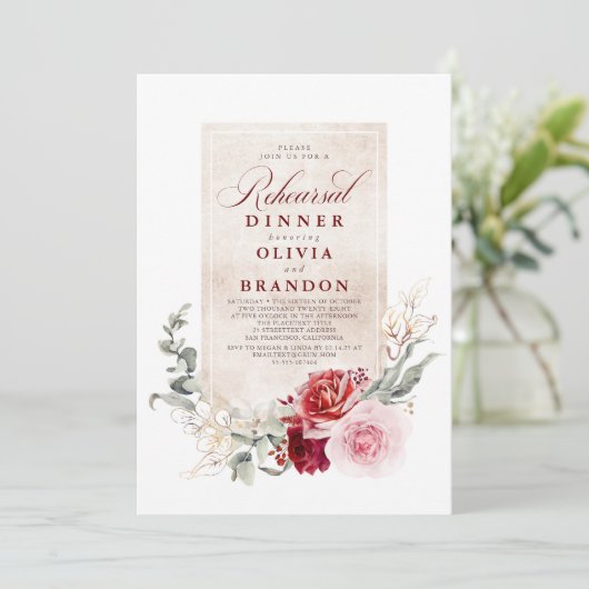 Burgund Rot und Rosa Blume Probe Abendessen Einladung (Stehend Vorderseite)