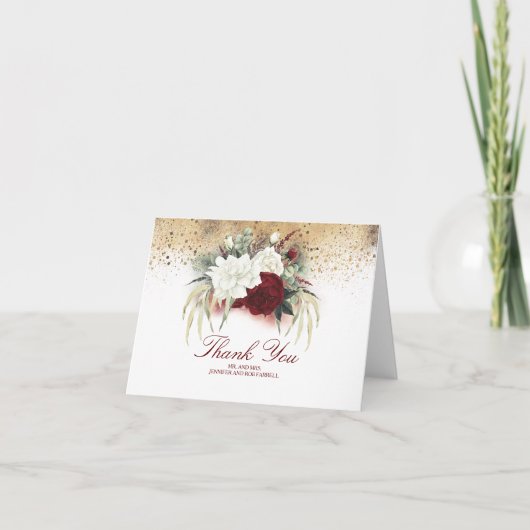 Burgund Rot und Weiße Blume Hochzeit Danke (Vorderseite)