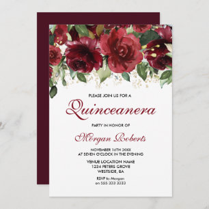 Burgund Rote Blume Glitzer Quinceanera Party Einladung