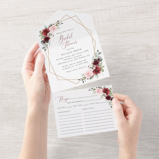 Burgund Rote Blume, rosa Blume, Brautparty All In One Einladung (Abreißen)