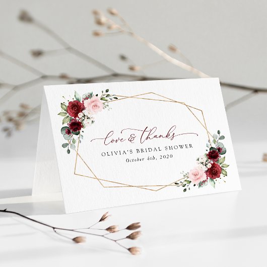 Burgund Rote Blume, rosa Blume, Brautparty Dankeskarte