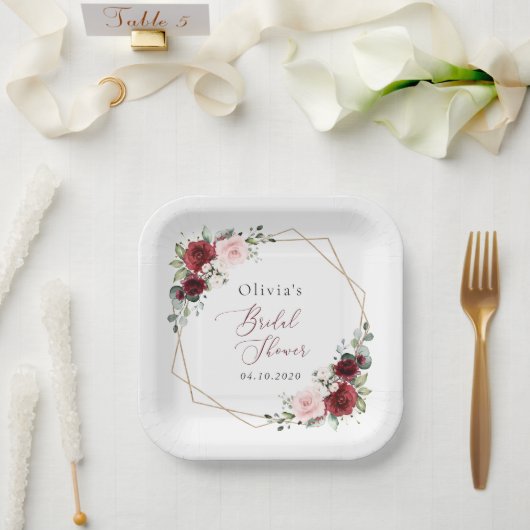 Burgund Rote Blume, rosa Blume, Brautparty Pappteller (Hochzeit)