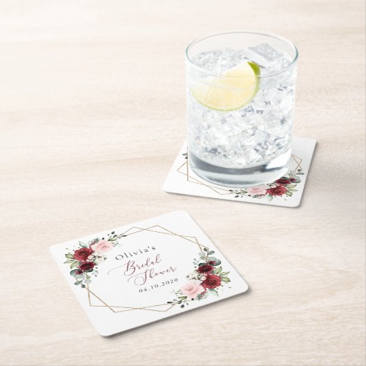 Burgund Rote Blume, rosa Blume, Brautparty Rechteckiger Pappuntersetzer (Vor Ort)