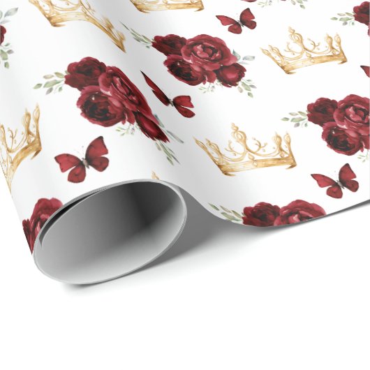 Burgund Rote Blume und Goldkronen Geschenkpapier (Rolleneckpunkt)