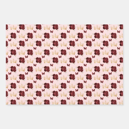 Burgund Rote Blume und Goldkronen Geschenkpapier Set (Vorderseite 3)