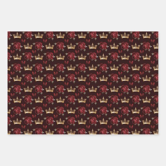 Burgund Rote Blume und Goldkronen Geschenkpapier Set (Vorderseite 2)