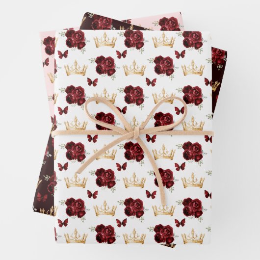 Burgund Rote Blume und Goldkronen Geschenkpapier Set (Beispiel)