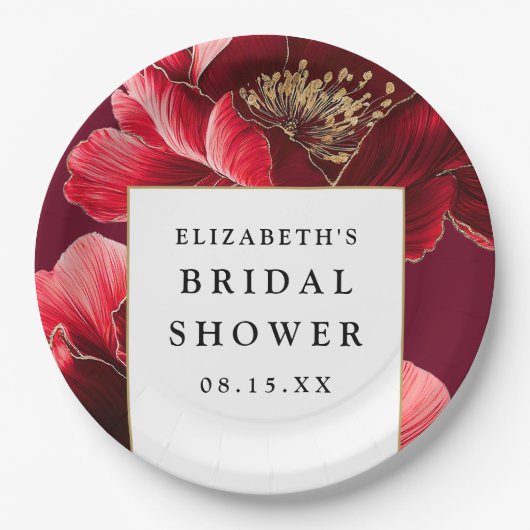 Burgund Rote Blüte Elegante Modernes Brautparty Pappteller (Vorderseite)
