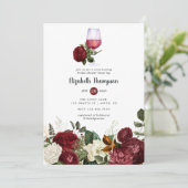 Burgund Rote Flora Weinprobe Brautparty Einladung (Stehend Vorderseite)