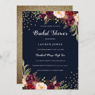 Burgund Rote Marine Blumengold Brautparty Einladung