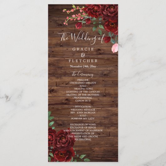 Burgund Rote Romantische Rose Rustikale Holzhochze Programm (Vorderseite)