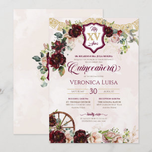 Burgund Rote Rose Elegante Charro Quinceanera Einladung