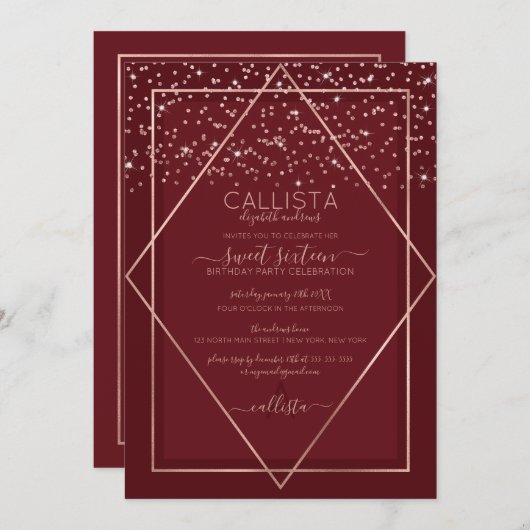 Burgund Rote Rose Gold Confetti Border Sweet 16 Einladung (Vorne/Hinten)