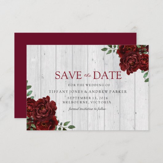 Burgund-Rote Rose Romantische Save the Date (Vorne/Hinten)