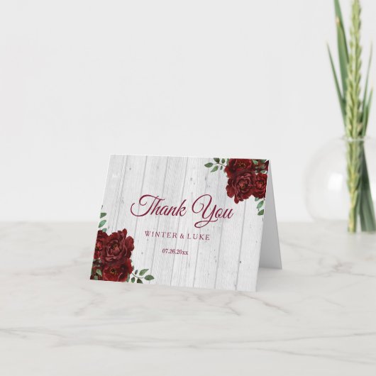 Burgund Rote Rose Rustic Wedding Vielen Dank Dankeskarte (Vorderseite)
