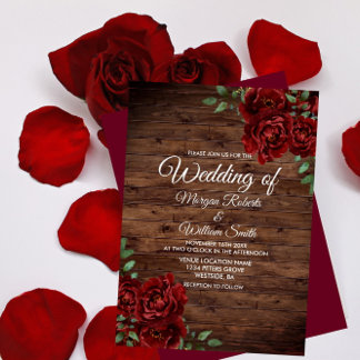 Burgund Rote Rose Rustic Wood Wedding Einladung