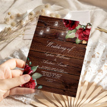 Burgund Rote Rose Rustic Wood Wedding Einladung