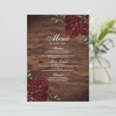 Burgund Rote Rose Rustic Wood Wedding Menü Menükarte (Stehend Vorderseite)