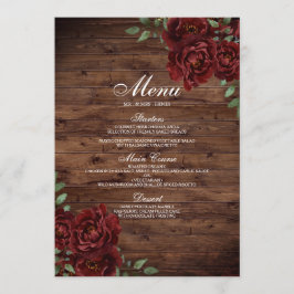 Burgund Rote Rose Rustic Wood Wedding Menü Menükarte