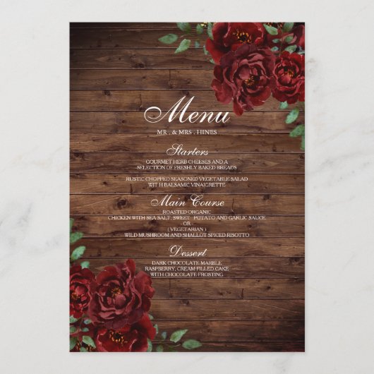 Burgund Rote Rose Rustic Wood Wedding Menü Menükarte (Vorderseite)
