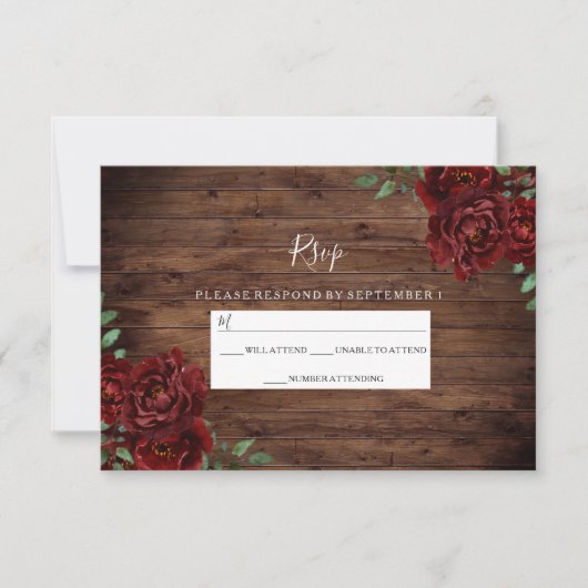 Burgund Rote Rose Rustic Wood Wedding RSVP (Vorderseite)