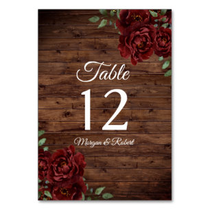 Burgund Rote Rose Rustic Wood Wedding Tischnummer