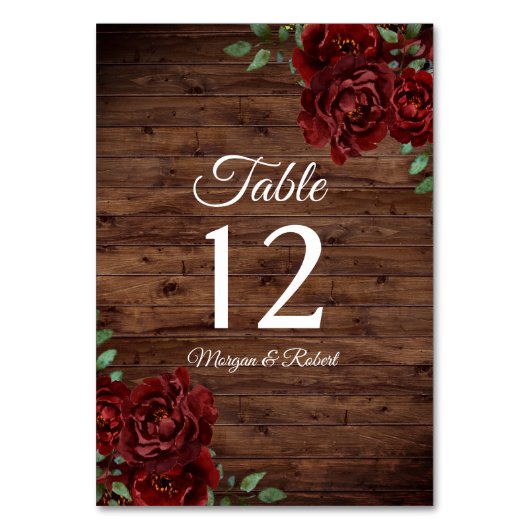 Burgund Rote Rose Rustic Wood Wedding Tischnummer (Vorderseite)