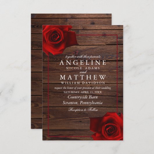 Burgund Rote Rose Rustikale Holzhochzeit Einladung (Vorne/Hinten)
