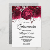 Burgund Rote Rose Silver Floral Quinceanera Party Einladung (Vorne/Hinten)
