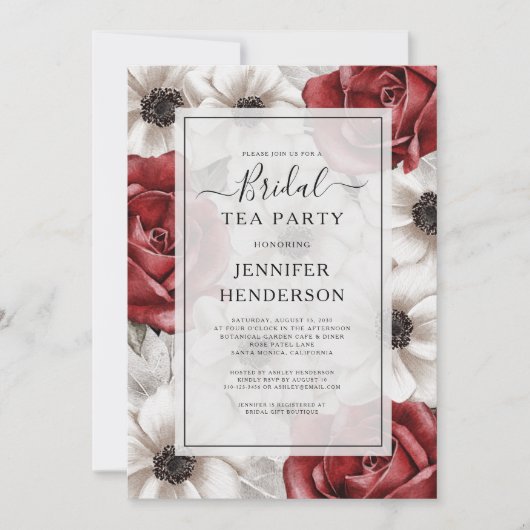Burgund Rote Rosen Anemone Floral Bridal Tee Party Einladung (Vorderseite)