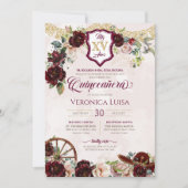 Burgund Rote Rosen Elegante Charro Quinceanera Einladung (Vorderseite)