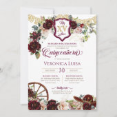 Burgund Rote Rosen Elegante Charro Quinceanera Inv Einladung (Vorderseite)