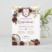 Burgund Rote Rosen Elegante Charro Quinceanera Inv Einladung (Stehend Vorderseite)