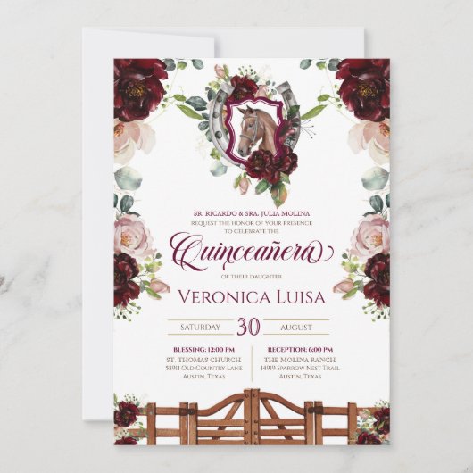 Burgund Rote Rosen Pferd Wappen Rustikale Quincean Einladung (Vorderseite)