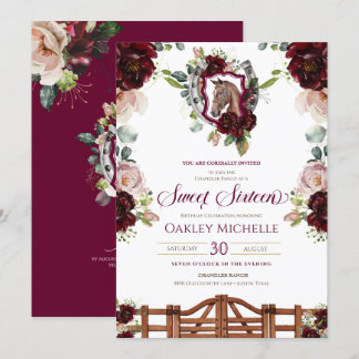 Burgund Rote Rosen Pferde Wappen Süß 16 Geburtstag Einladung