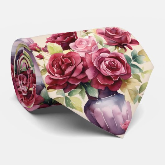 Burgund-Rote Rosen Rosa Wasserfarben Krawatte (Gerollt)