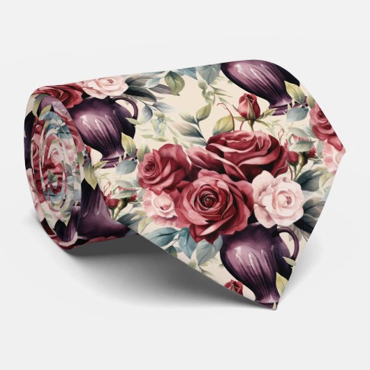 Burgund-Rote Rosen Rosa Wasserfarben Krawatte (Gerollt)