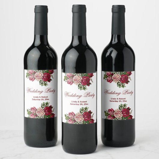 Burgund Rote Rustikale Rose Blumenlandhochzeit Weinetikett (Flaschen)